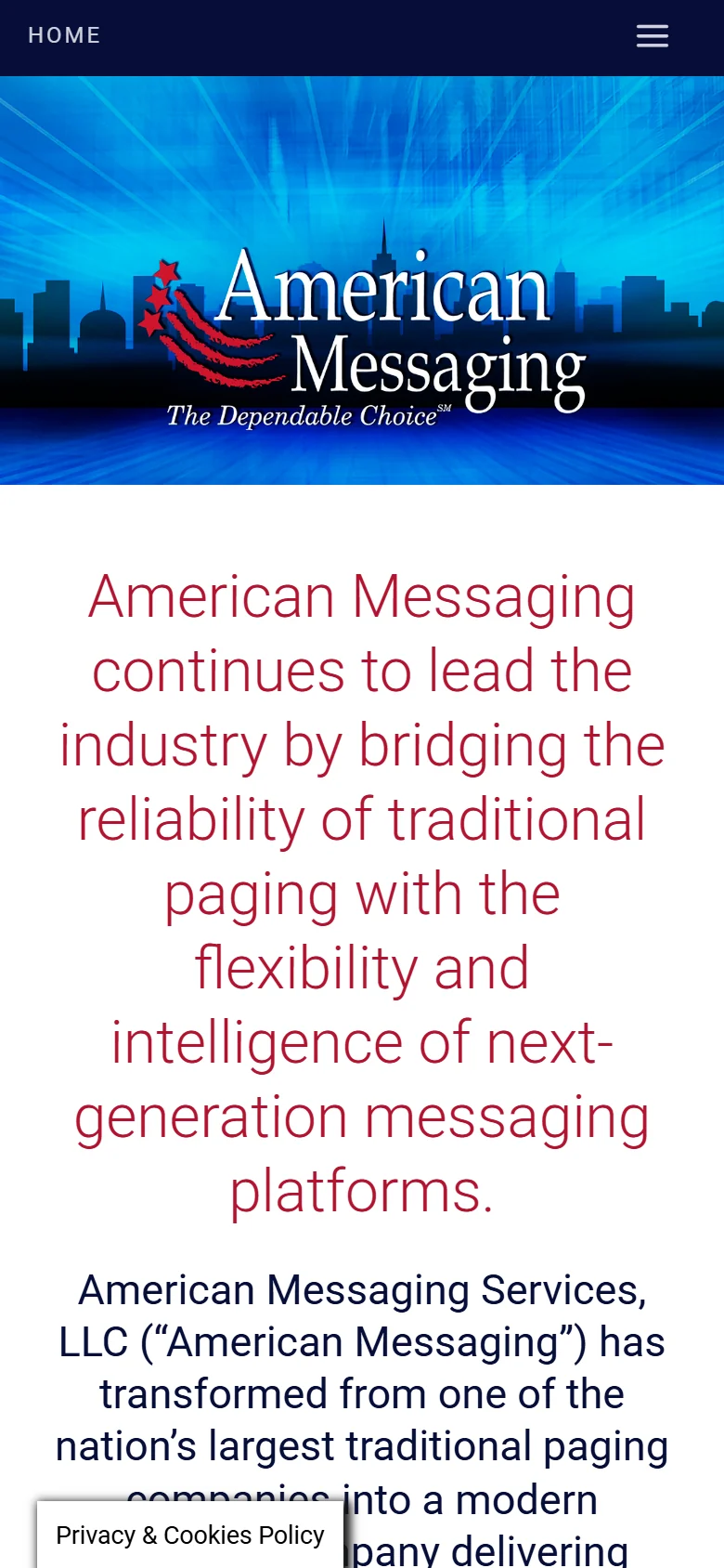 American Messaging website on a mobile phone