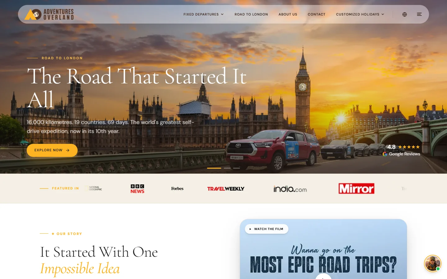 Adventures Overland website on a desktop browser