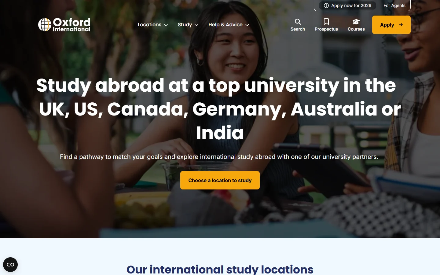 Oxford International website on a desktop browser