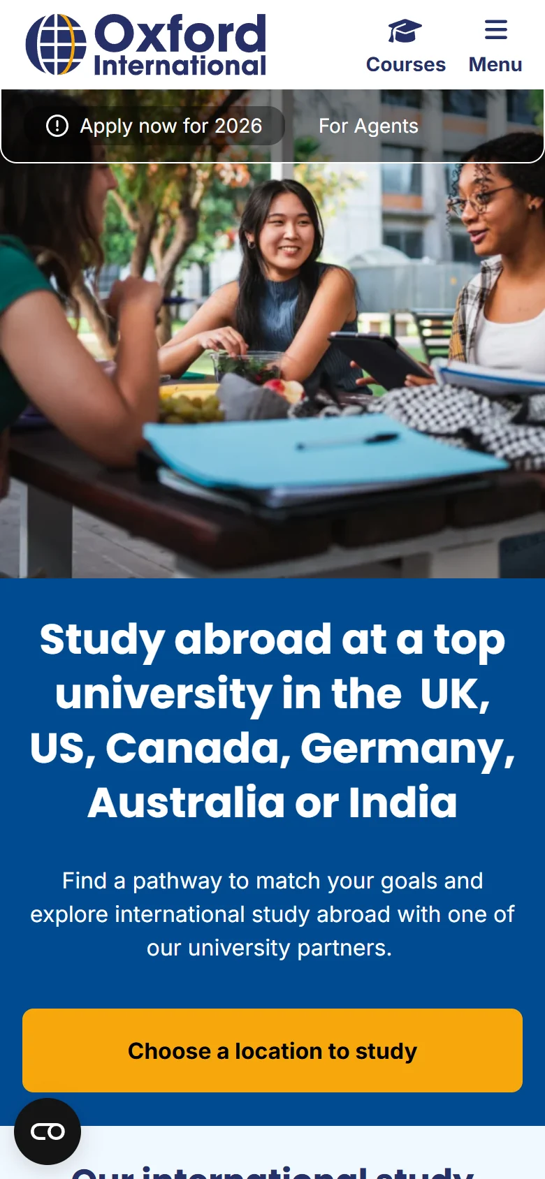 Oxford International website on a mobile phone