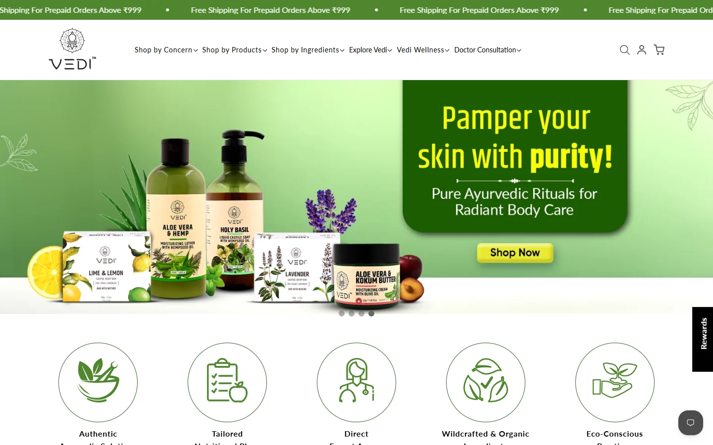 Vedi Herbals website on a desktop browser