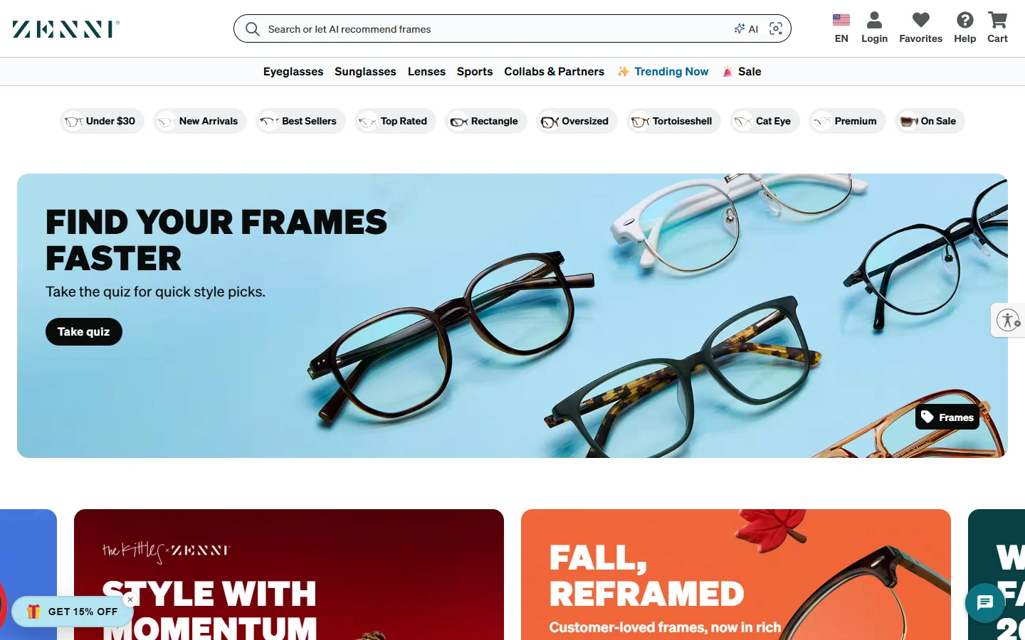 Zenni Optical website on a desktop browser
