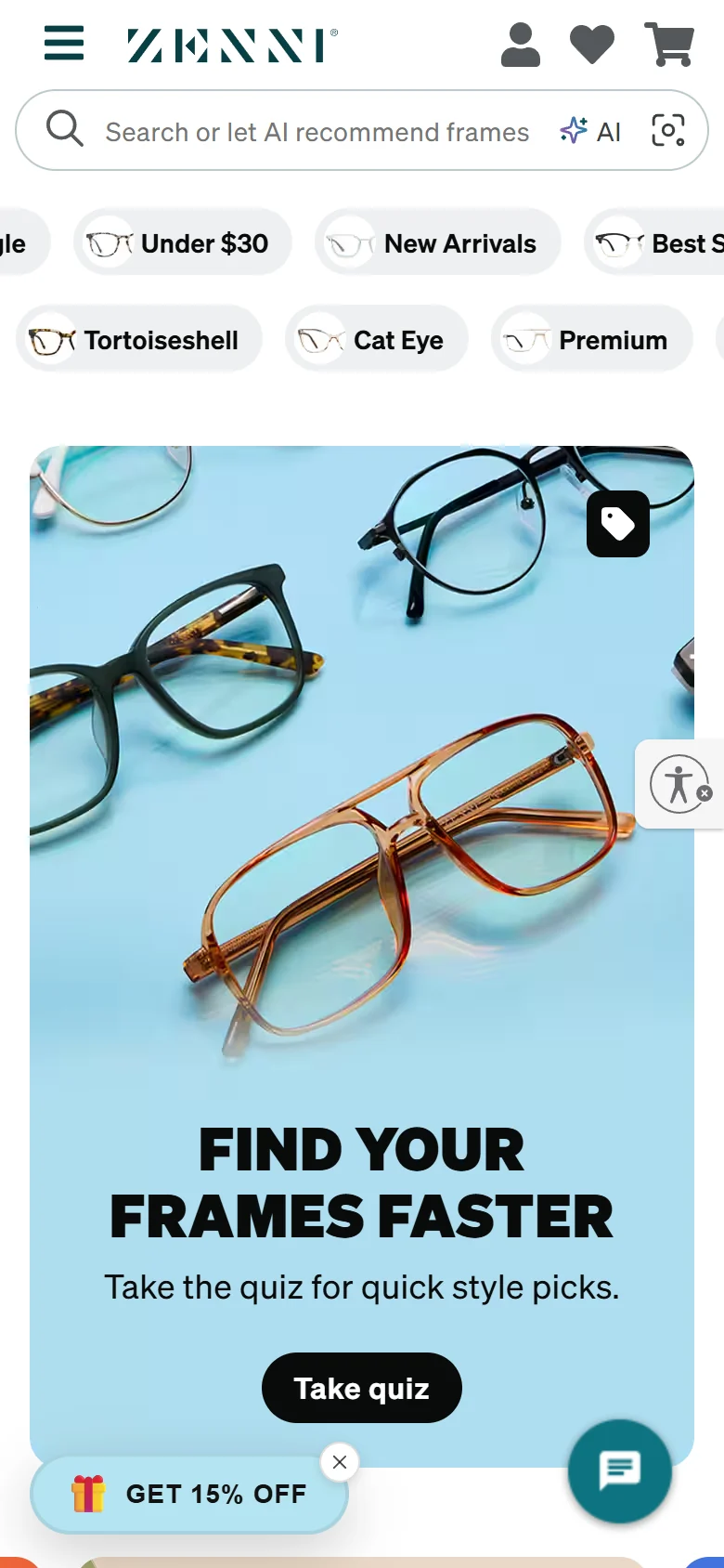 Zenni Optical website on a mobile phone