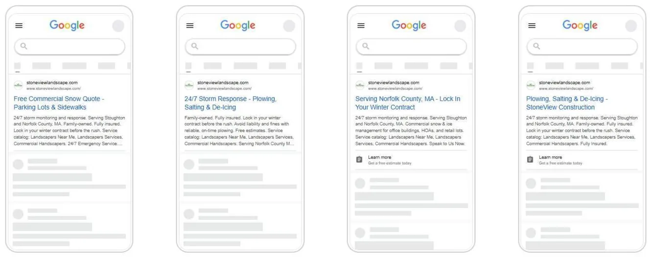 Four mobile Google Search ad previews for StoneView Landscape: free commercial snow quote, 24/7 storm response, serving Norfolk County, and plowing, salting and de-icing, each with a 'Get a free estimate today' lead-form link